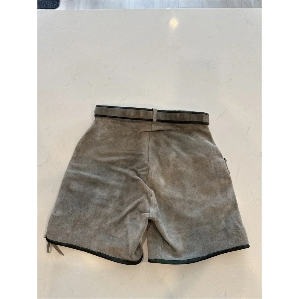 Vintage Grey Suede Lederhosen Shorts Black Leaf Applique Lace Up Alpine 25 Waist